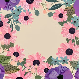 Pastel Light Floral Garden Frame - A charming digital painterly illustration featuring a circular border of soft pink daisies, rich purple poppies, and light blue forget-me-nots, set against a warm cream backdrop with lush green foliage.