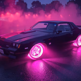 Dark Muscle Car With Glowing Pink Neon Wheels At Night