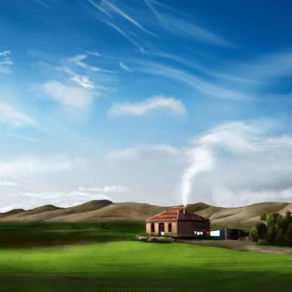 Farmhouse In Green Field With Mountains