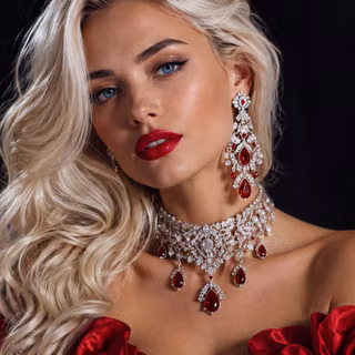 Beautiful Woman In Red Dress With Ruby Jewelry