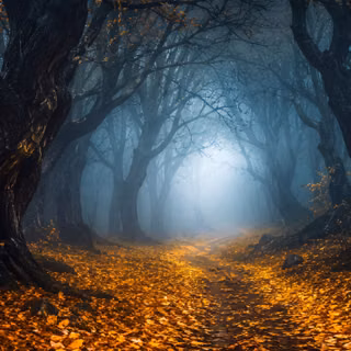 A Path Through Ancient Forest In Fog