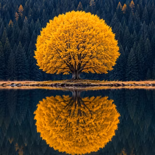 Scenic Alpine Lake With Lone Golden Tree