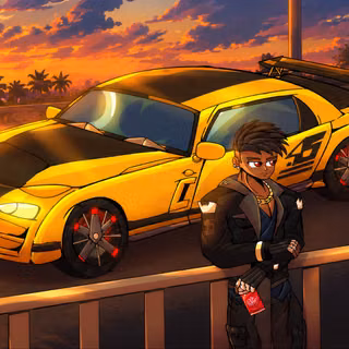 Anime Boy Leaning On Yellow Sports Car At Sunset Miami Style Skyline