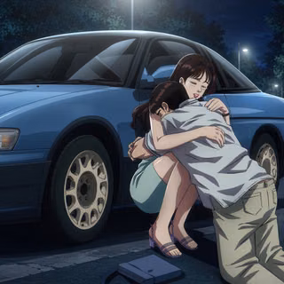 Emotional Anime Couple Embracing By Car At Night