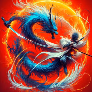 Samurai în veșminte albe alături de un dragon albastru și luminos