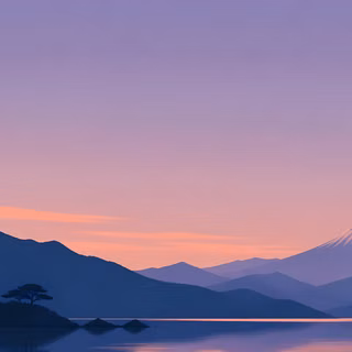 Twilight Mount Fuji Serenity Wallpaper - A peaceful Japanese-style digital vector landscape artwork depicting Mount Fuji's snow-capped peak silhouetted against a lavender and pastel orange twilight sky, framed by a full moon, calm lake reflections, and pine tree-lined ridges.