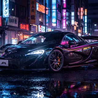 Cyberpunk Tokyo Night McLaren P1 - A atmospheric cinematic photograph of a black McLaren P1 hypercar parked on a rain-slicked Tokyo street at night, illuminated by vibrant pink and blue neon storefront signs reflected on the wet asphalt and glossy car body.