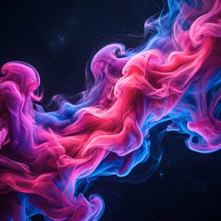Neon Pink and Blue Fluid Smoke Abstraction - A striking 3D digital render featuring vibrant swirls of luminous magenta-pink and cyan-blue smoke or ink dispersing in deep space, highlighted by subtle distant stars and set against a dark background.