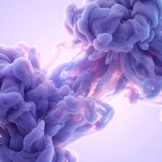 Purple Ink in Water Fluid Abstraction - A high-resolution 3D render depicting billowing clouds of vibrant purple and lilac acrylic ink swirling underwater, creating intricate fluid dynamics and soft organic plumes set against a pale lavender studio backdrop.