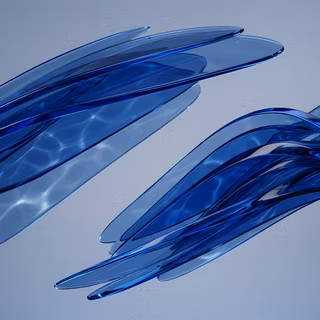 Blue Liquid Glass Abstraction Light Mode - A 3D render featuring layered, sweeping curves of transparent sapphire blue liquid glass floating against a soft slate-grey gradient background, showcasing caustic refraction light patterns and fluid organic geometry.