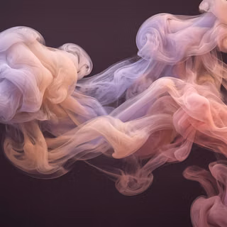 Pastel Smoke Ink Fluid Abstraction - A refined 3D render showing delicate, swirling wisps of pastel mauve, peach, and blush pink smoke or ink dispersing gracefully across a warm dark studio backdrop.