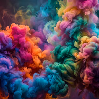 Vibrant Rainbow Smoke Ink Fluid Abstraction Dark Mode - A dynamic 3D digital render showcasing dense, billowing clouds of saturated rainbow acrylic ink exploding in water, featuring intense shades of crimson, orange, violet, emerald green, and cobalt blue against a dark, moody backdrop.