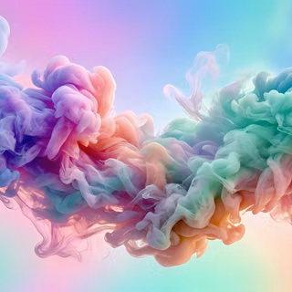 Pastel Pastel Rainbow Ink Fluid Abstraction Light Mode - A vibrant high-resolution 3D digital render showcasing billowing clouds of pastel rainbow ink swirling underwater, featuring seamless gradients of cyan, purple, pink, peach, and mint green against a bright pastel gradient backdrop.