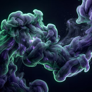 Fluid Ink Smoke Abstraction - A high-resolution 3D digital render featuring billowing plumes of vibrant acrylic ink expanding underwater, creating complex fluid dynamics, fine particle textures, and delicate swirling tendrils across a clean minimalist backdrop.