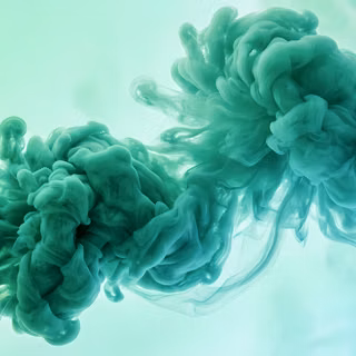 Fluid Ink Smoke Abstraction - A high-resolution 3D digital render featuring billowing plumes of vibrant acrylic ink expanding underwater, creating complex fluid dynamics, fine particle textures, and delicate swirling tendrils across a clean minimalist backdrop.