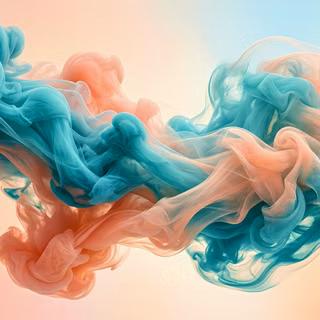 Fluid Ink Smoke Abstraction - A high-resolution 3D digital render featuring billowing plumes of vibrant acrylic ink expanding underwater, creating complex fluid dynamics, fine particle textures, and delicate swirling tendrils across a clean minimalist backdrop.