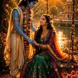 Radha Krishna Love in Garden iphone Wallpaper 
