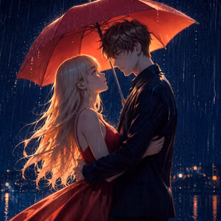 Anime Couple Under Umbrella In The Rain