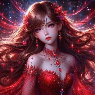 July fairy in ruby red gown with brown hair 
