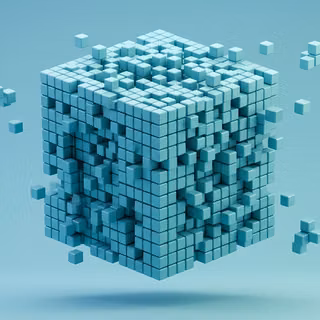 3D Voxel Cube Abstraction - A precise 3D digital render showcasing a floating geometric cube constructed from hundreds of small voxel blocks dispersing into surrounding space, featuring clean architectural shadows and dynamic depth set against a smooth backdrop.