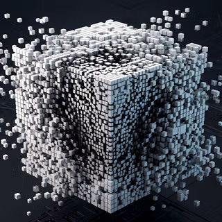 3D Voxel Cube Abstraction - A precise 3D digital render showcasing a floating geometric cube constructed from hundreds of small voxel blocks dispersing into surrounding space, featuring clean architectural shadows and dynamic depth set against a smooth backdrop.