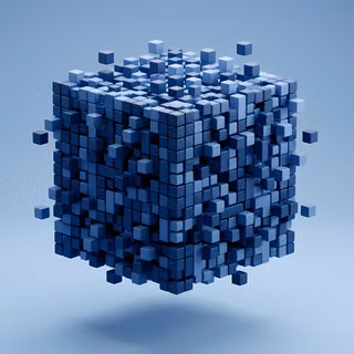 3D Voxel Cube Abstraction - A precise 3D digital render showcasing a floating geometric cube constructed from hundreds of small voxel blocks dispersing into surrounding space, featuring clean architectural shadows and dynamic depth set against a smooth backdrop.