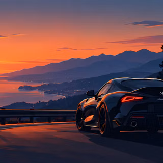 Sunset Coastal Drive Toyota GR Supra - A cinematic vector illustration of a sleek black Toyota GR Supra parked along a scenic mountain highway, overlooking a glowing orange ocean sunset and distant coastal city lights.