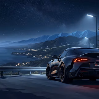 Night Coastal Drive Toyota GR Supra - A atmospheric vector illustration of a sleek black Toyota GR Supra parked along a mountain highway under a starry night sky, illuminated by streetlights with glowing coastal city lights in the distance.