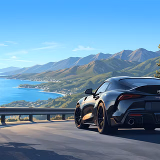 Daylight Coastal Drive Toyota GR Supra - A crisp vector illustration of a sleek black Toyota GR Supra parked on a sunlit mountain cliffside highway, overlooking a sparkling blue ocean bay and distant coastal hills under a clear sky.
