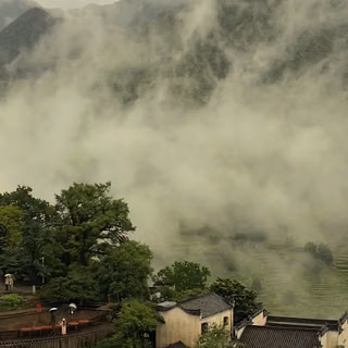 fog, mountain, forest, village, 4k