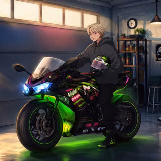 Rider In Garage Ready For The Long Ride