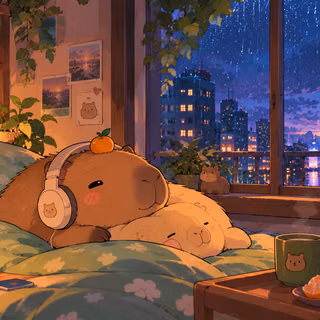 Cozy Capybara on a Rainy Night