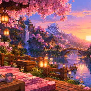 Minecraft Cherry Blossom Village at Sunset