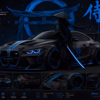 BMW M4 Widebody Samurai Concept Matte Black & Neon Blue Dane Concepts Nero AI Upscaler Face