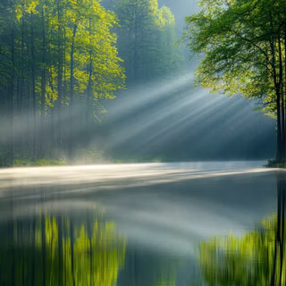 Green Forest Trees Sun Rays Lake