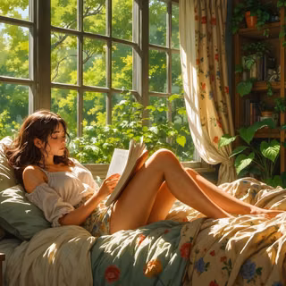 A Cozy Bedroom Scene With A Girl Reading A Book