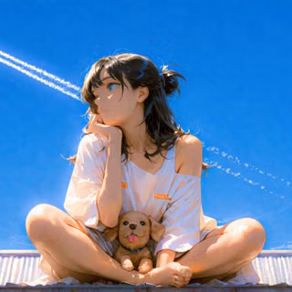 Anime Girl & Puppy In Blue Sky