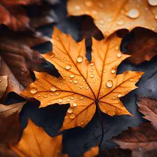Autumn Maple Leaves Rusty Foliage Raindrops