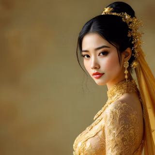 Beautiful Asiatic Bride Dressed In A Golden Dress