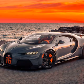 Bugatti Chiron V16 Sports Car Sunset Beach Luxury