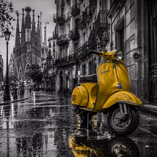 Yellow Retro Scooter Barcelona Catalonia Selective Color Monochrome