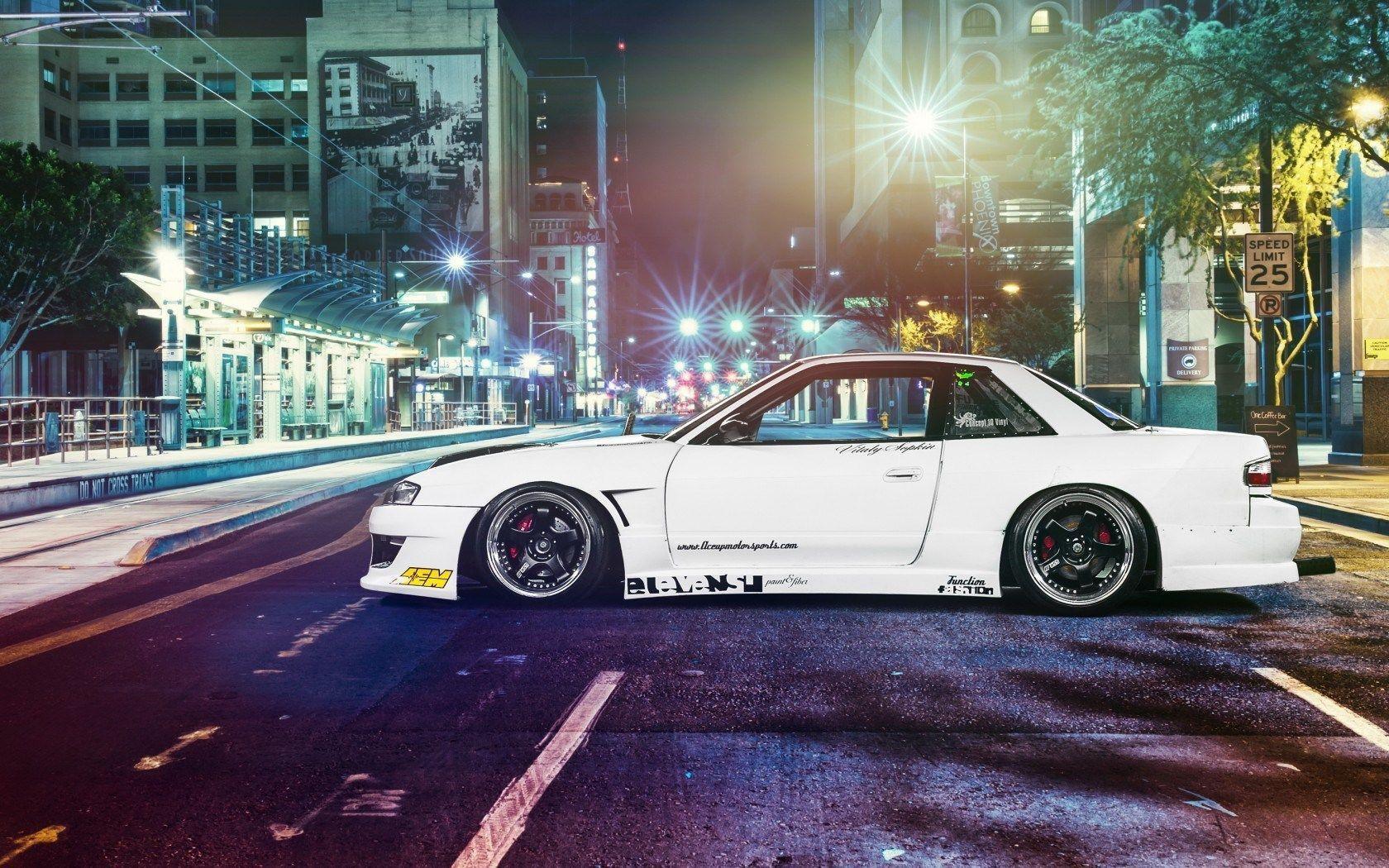 Night Nissan Silvia S13 Tuning Parked Along Road HD Wallpaper