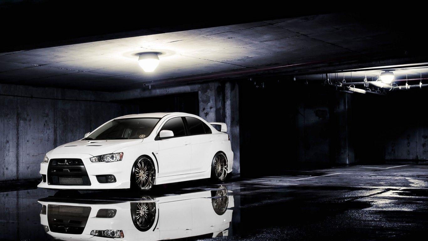 Mitsubishi, Lancer, Evolution, White, Parking lot. Free HD wallpaper