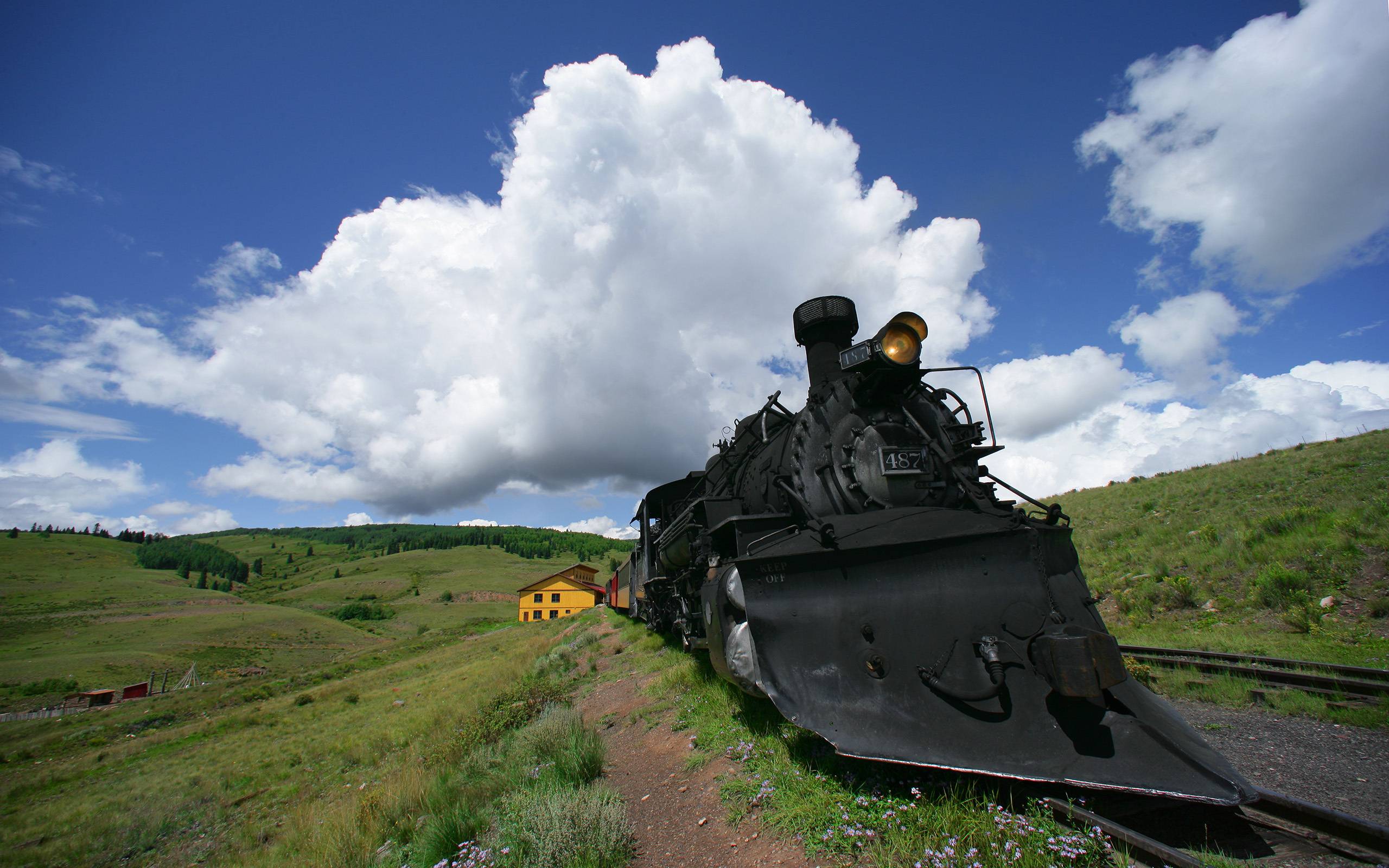 Wallpaper railway, road, locomotive, steam locomotive, the clouds