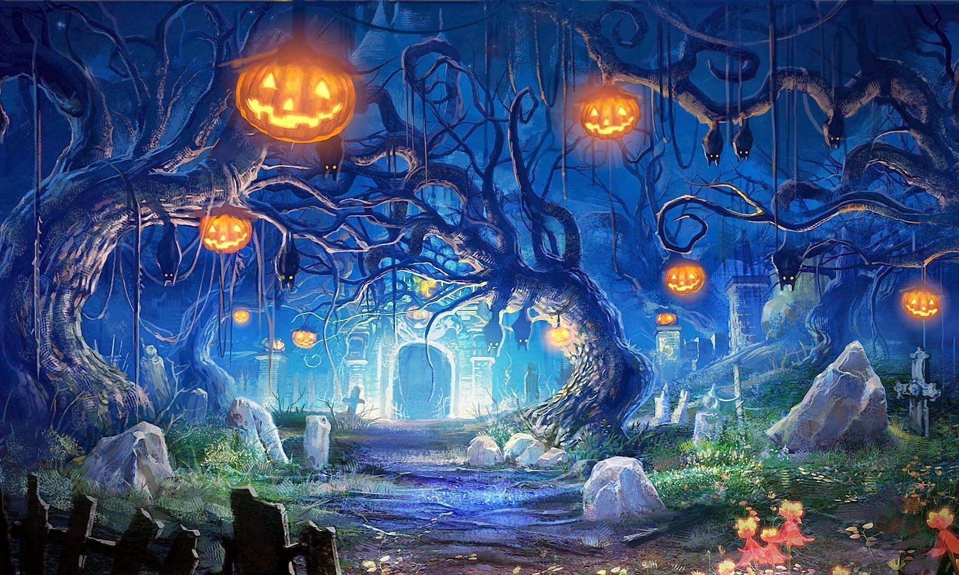 Graveyard Halloween Forest Pumpkin x3 HD Wallpaper