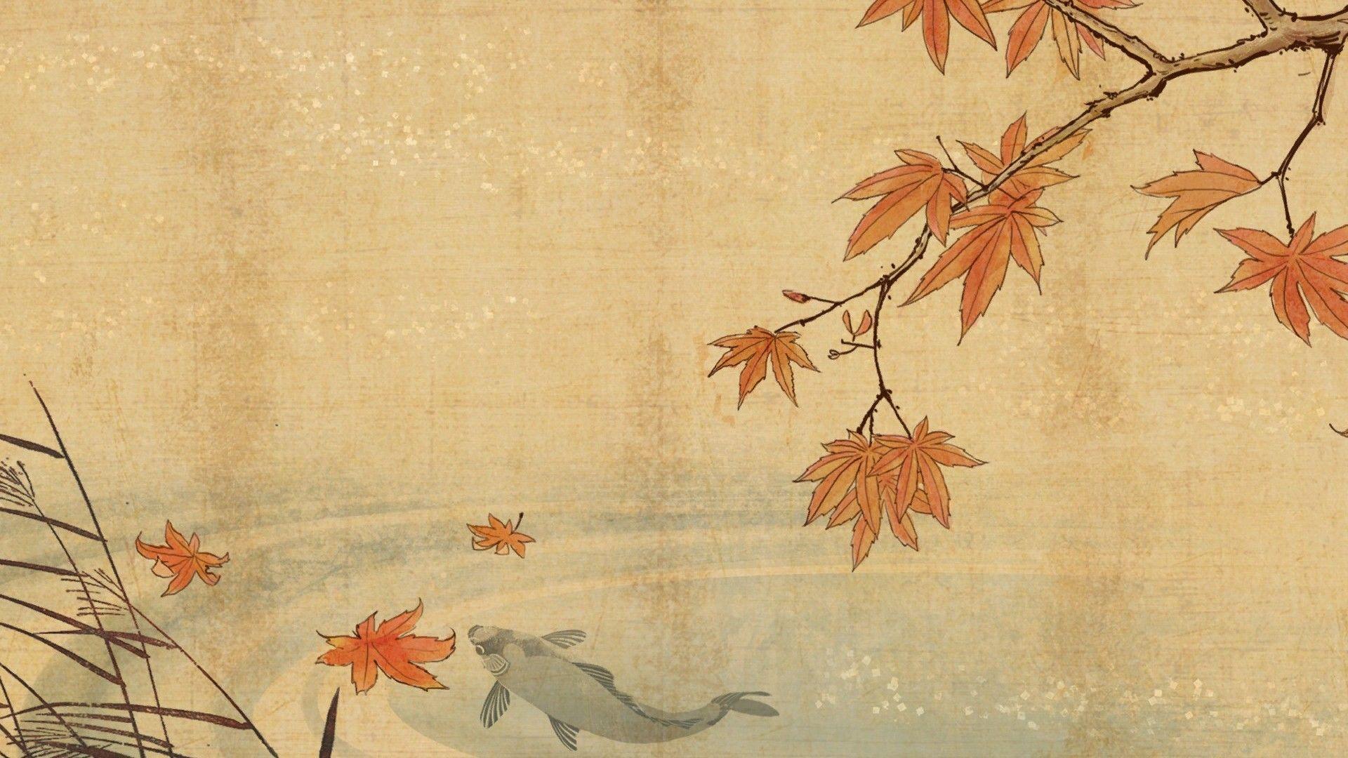 Koi fish and autumn leaves Wallpaper #