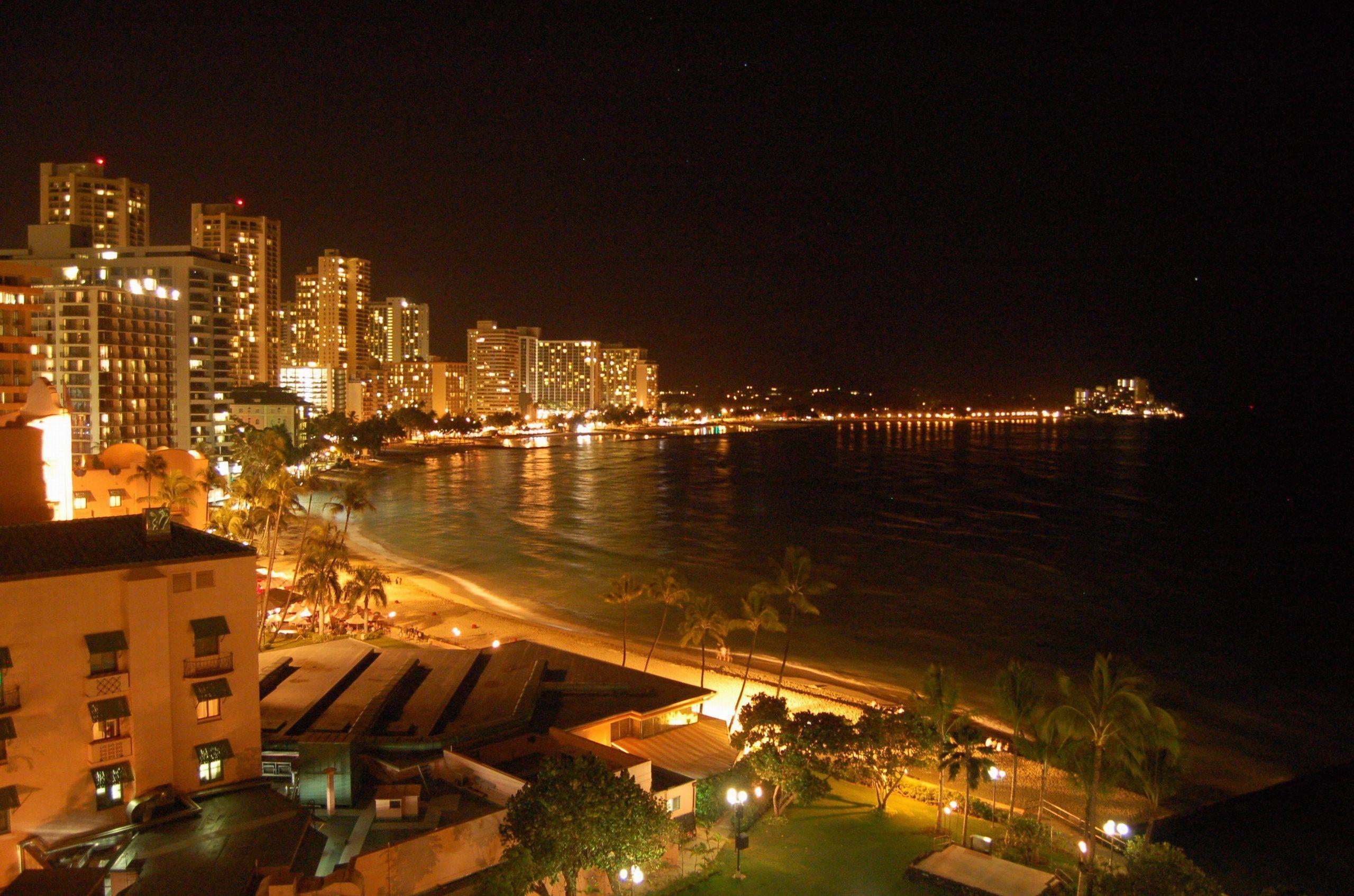 Waikiki Beach at night, Honolulu, Hawaii, USA. United States, USA