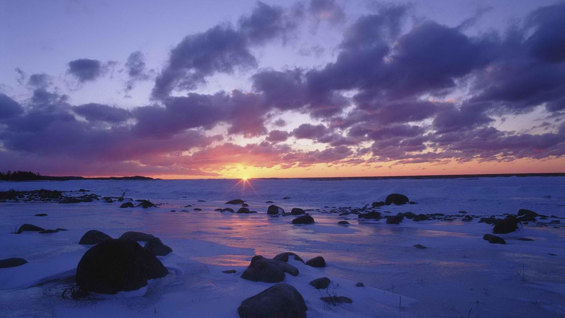 The Image of Sunset Winter (season) World Lake Michigan 1920x1080