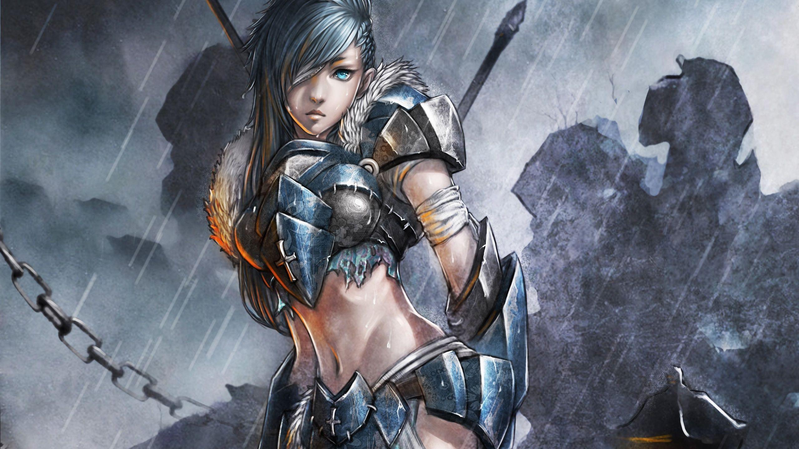 Art paintings, female soldier in the rain, fantasy girl Wallpaper