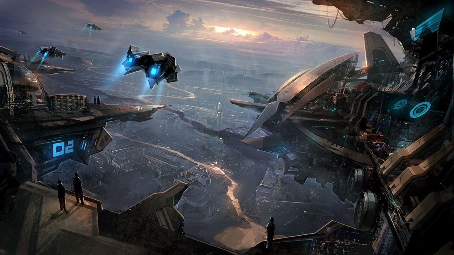 Ships in the futuristic city Wallpapers #
